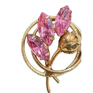 Vintage Gold-Tone Floral Brooch With Pink Rhinestones Oval & Leaf Design Jewelry